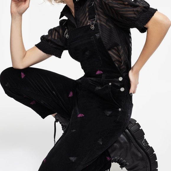 Disturbia Black Styx Moth Embroidered Corduroy Balloon Leg Overalls 26 - Picture 5 of 9